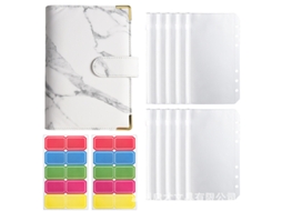 A6 Marble Pattern White Pu Leather Binder Notebook, Includes 10-zipper Bags + 2-sheets Of 5-color 10tab Labels 20-tabs