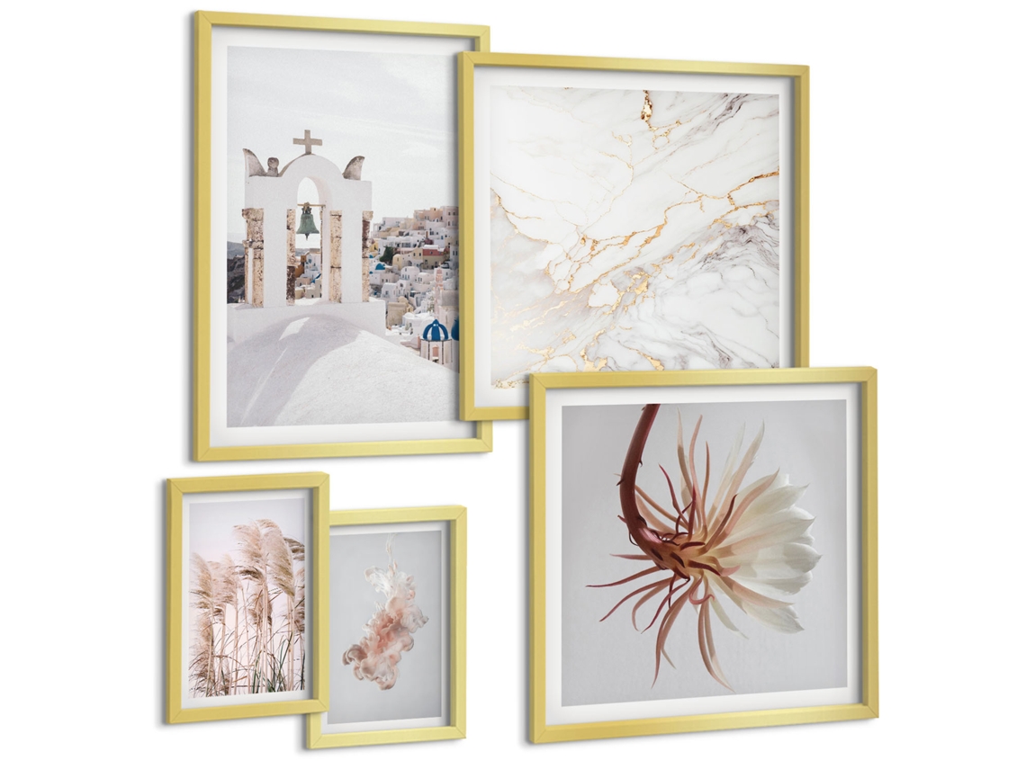 Pinturas Murais Modernas Férias, Praia, Ondas, Palmeiras Moldura Dourada Quadros Para O Escritório Espelharte (conjunto De 5 Imagens)