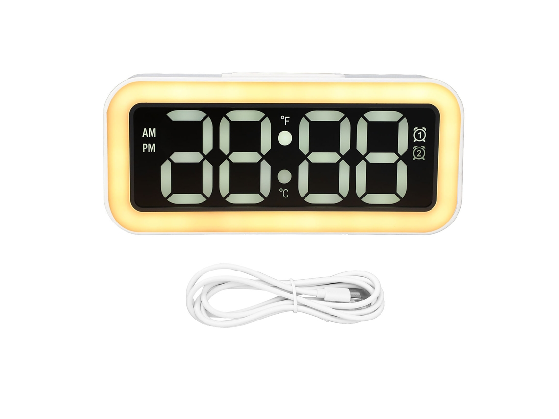Despertador digital LED com visor grande, luz noturna e temporizador.