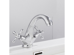 Torneira híbrida de bica dupla para lavatório, design elegante, alças em cruz, furo único, banhada a ouro MDUG