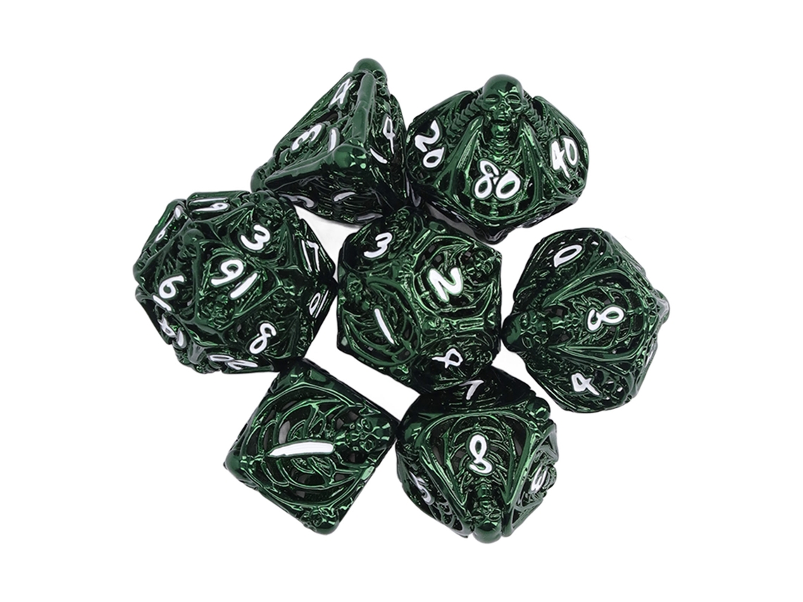 Mali conjunto de 7 Dados Poliédricos Ocos de Metal Verde Escuro para Rpg e Jogos de Tabuleiro
