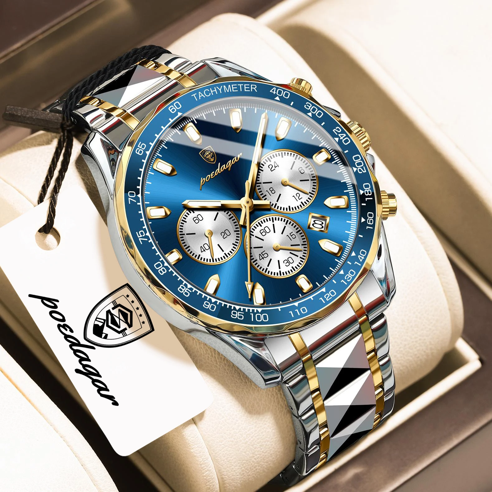 Relógio masculino de negócios (dourado e azul), em Prova D'água, com contadores luminosos em aço inoxidável, cronógrafo, função de dados e movimento de quartzo.