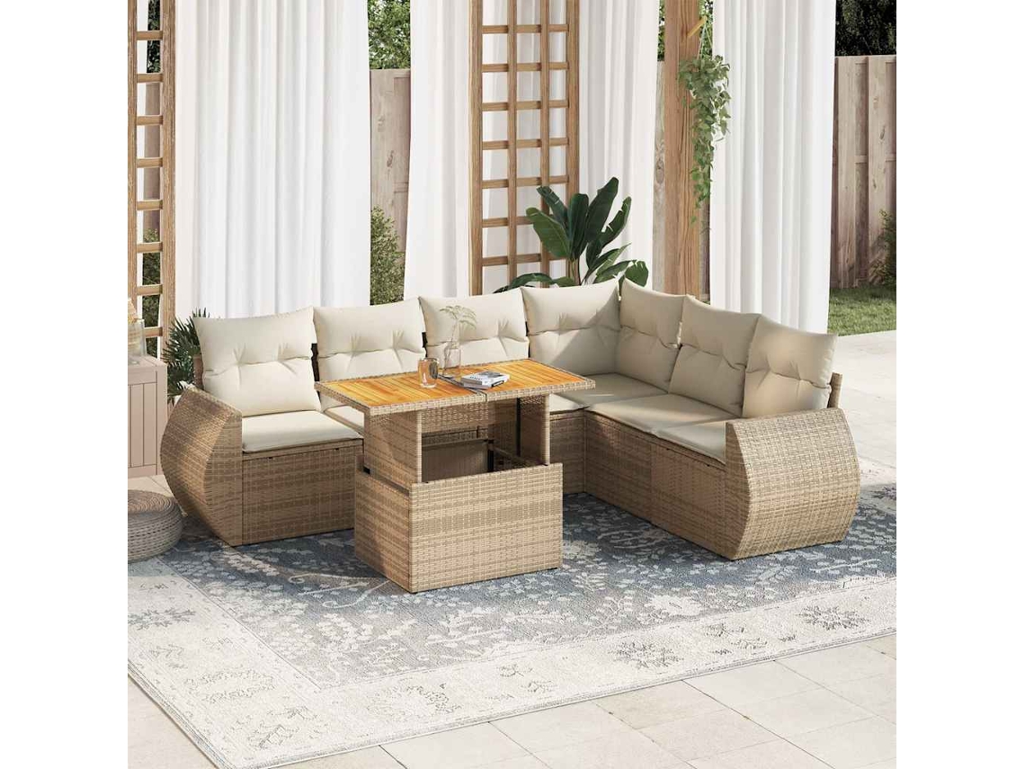 Vidaxl 7 Pcs Conjunto De Sofás P/ Jardim Com Almofadões Vime Pe Bege