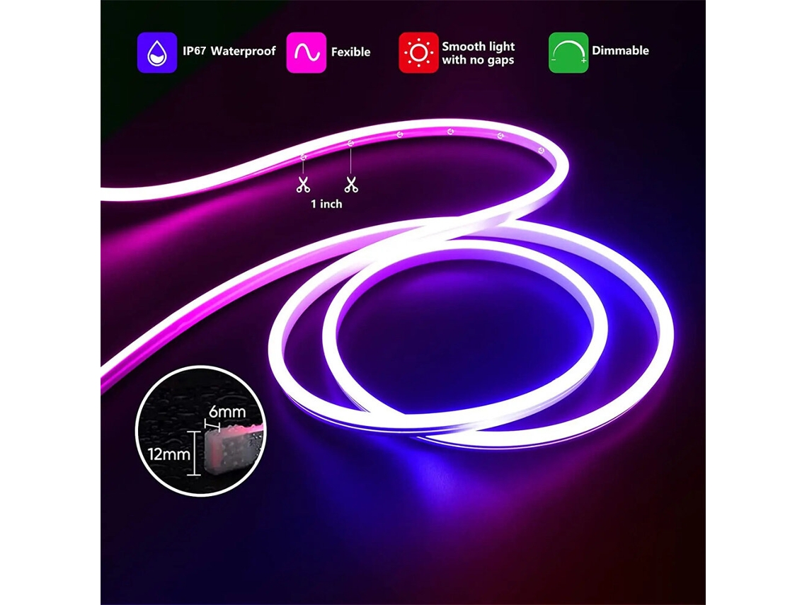Kit De Fita Led Néon Rgb Inteligente De 10 M A 5 M, Ip67 À Prova De Água, 24 V, 12 W/m, Ra92, Fita Led Flexível, Aplicação E Controlo Remoto