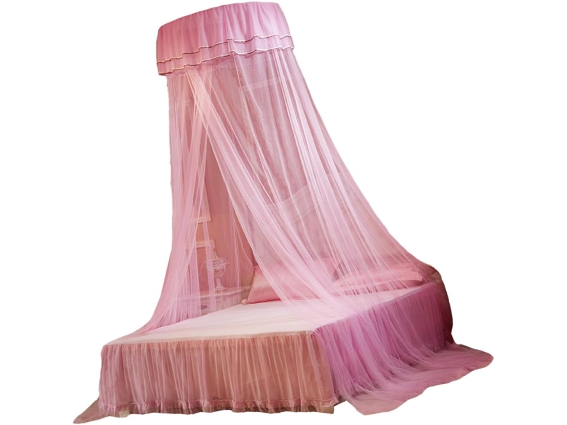 Mosquiteiro De Renda Rosa Para Cama Redonda E Leve, Ideal Para Quartos, Oferecendo Proteção E Decoração