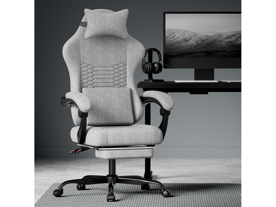 Cadeira gamer de tecido, massagem, apoio cabeça e pés, cinza claro VELTRIX NOVELTRIX