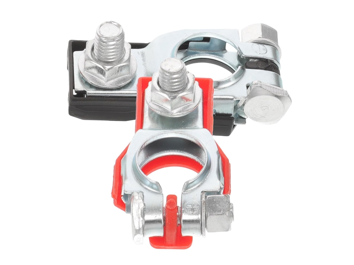 Conector de bateria automotiva (2 peças) com mecanismo de ligação em ferro galvanizado.