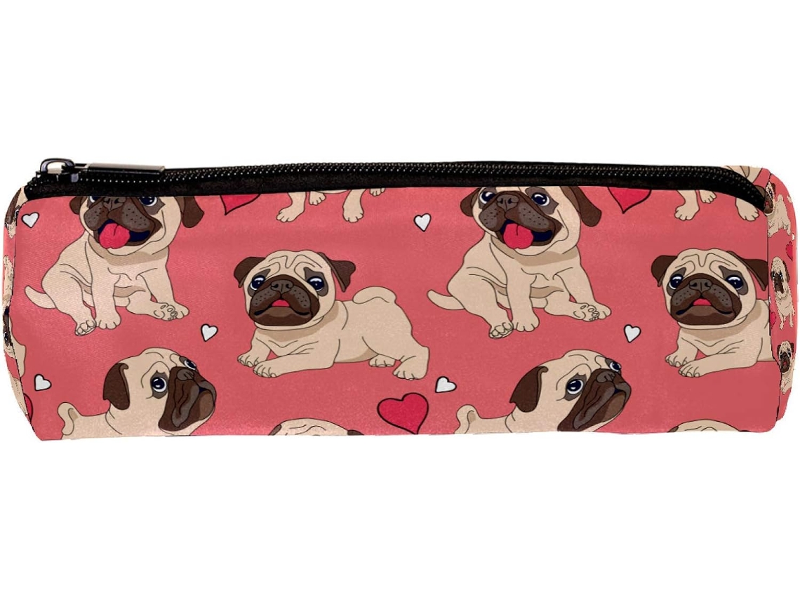 Estojo divertido com estampa de pug rosa, organizador de maquiagem, item essencial para escola e escritório.