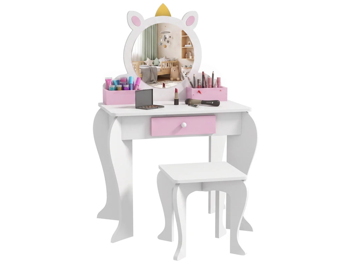 Conjunto De Penteadeira Infantil Com Banqueta E Espelho, Rosa, Encosto Acolchoado, Capa Lavável, Base Resistente