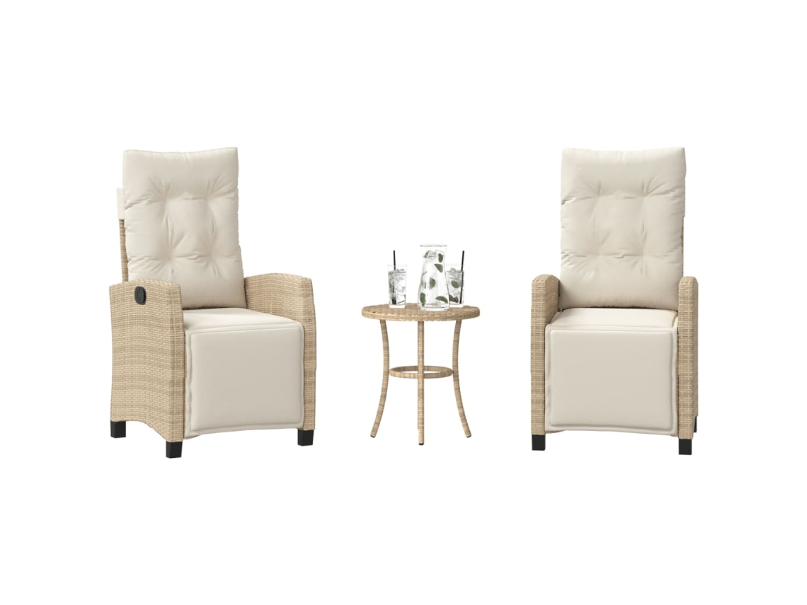 Vidaxl 3 Pcs Conjunto Bistrô Com Almofadões Vime Pe Bege