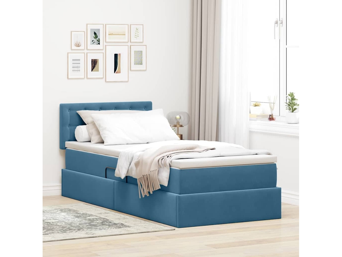 Vidaxl Cama de Armazenamento Led com Colchão Azul Escuro 90 X 200 Cm