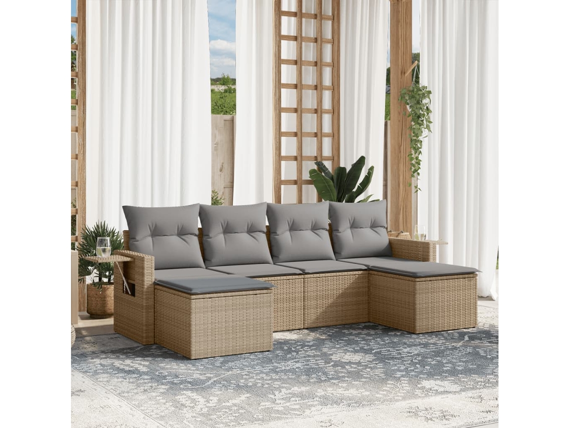 Conjunto de 6 Sofás para Jardim com Almofadas Vime Pe Bege Dkd Home Decor