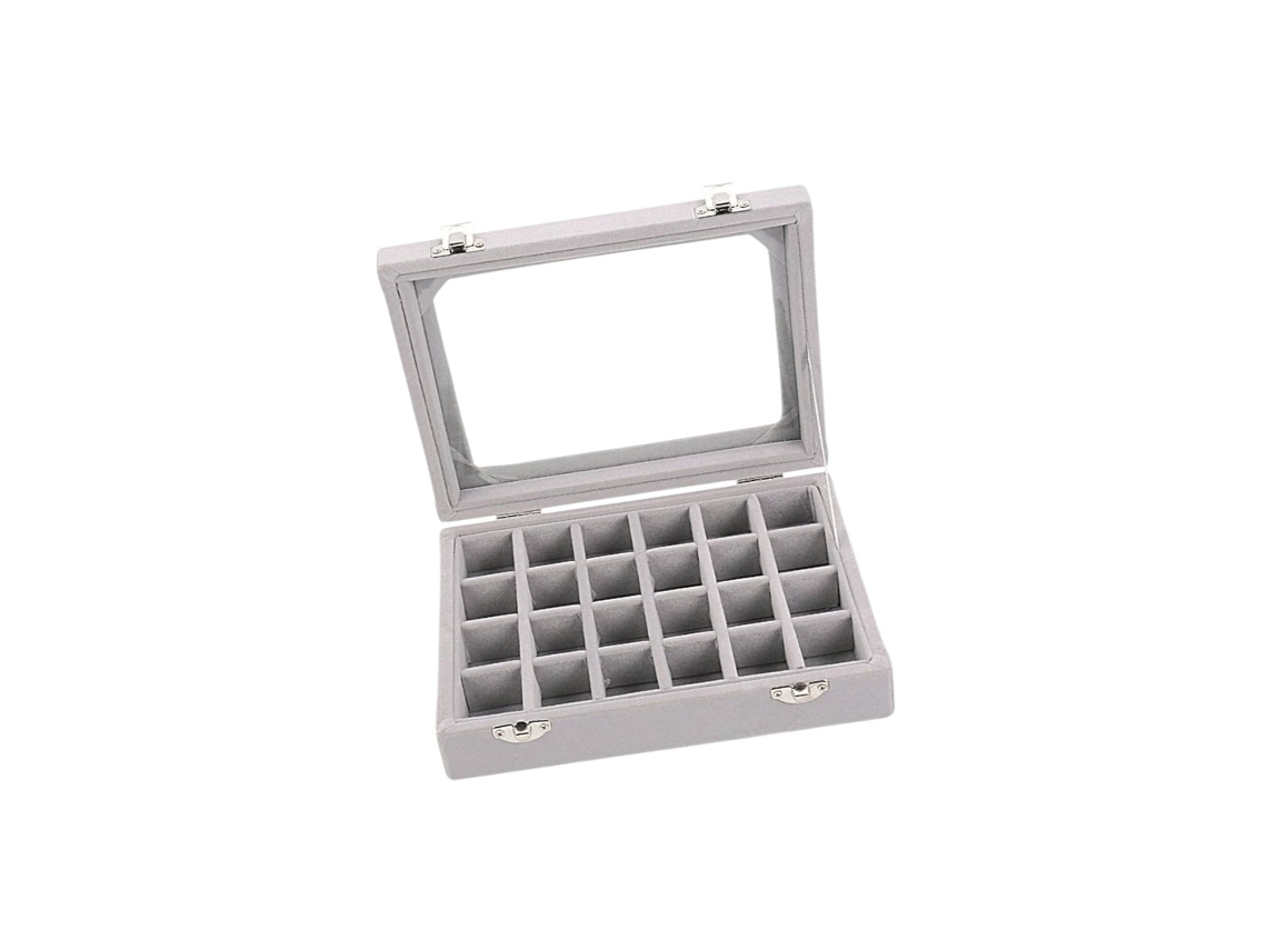 Caixa De Organização De Bijuterias Em Grau Cinza Com Janela De Vidro Transparente 24 Compartimentos Universal 20x15x5cm