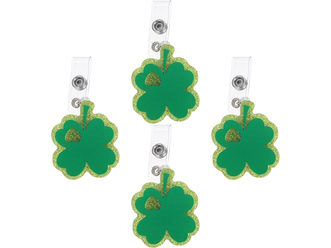 Conjunto de 4 Porta crachás Retráteis Alipis com Design Trevo Verde para o Dia São Patrício, Fáceis Escanear,
