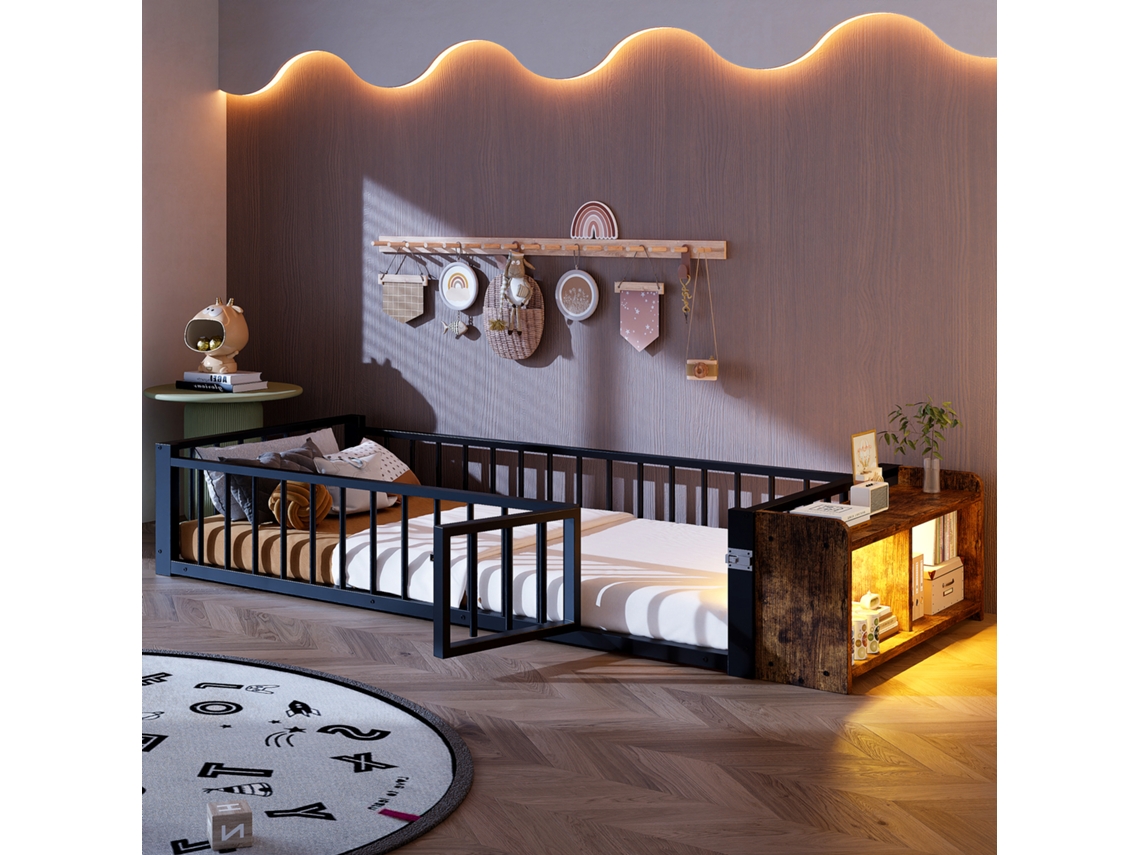 Cama metálica 90x200 cm com grades de segurança, LED, compartimento com fechadura, estrutura em aço preto, sem colchão VSOGA