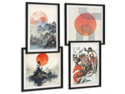 Composição De Quadros Arte Japonesa Natureza Tradição Espelharte (4 Peças)