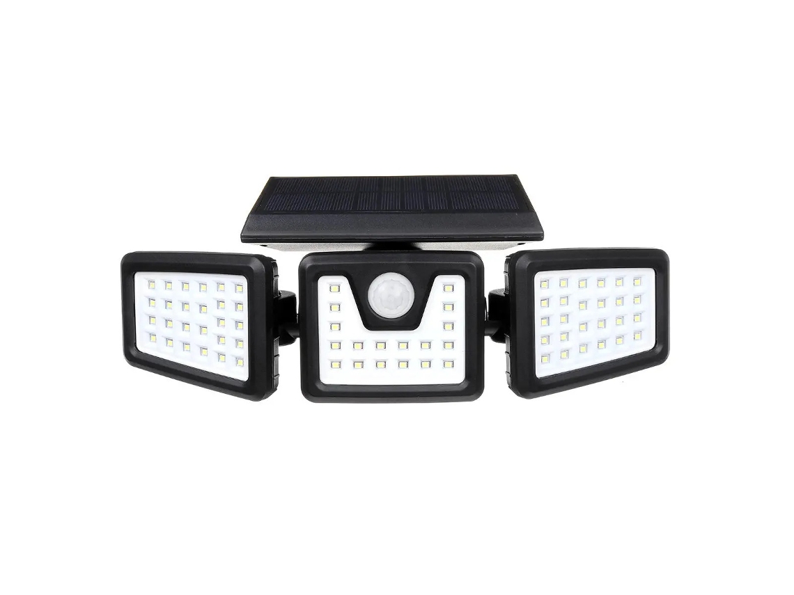 Luminária solar externa Brilvibera com sensor de movimento, 3 lâmpadas e ângulo de visão de 270°.