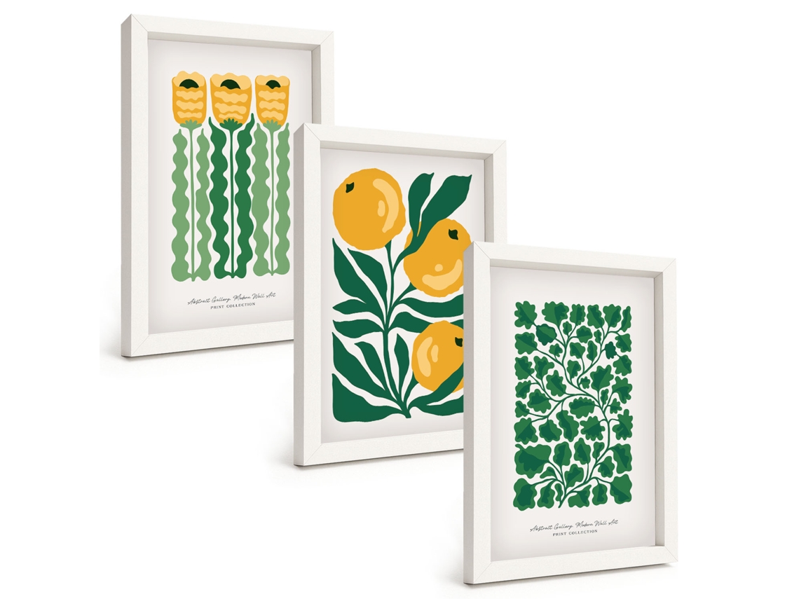 Galeria De Pinturas Na Parede Padrões De Plantas, Flores E Folhas Moldura Branca Quadros Para O Escritório Espelharte (3 Peças 20x30 Cm)