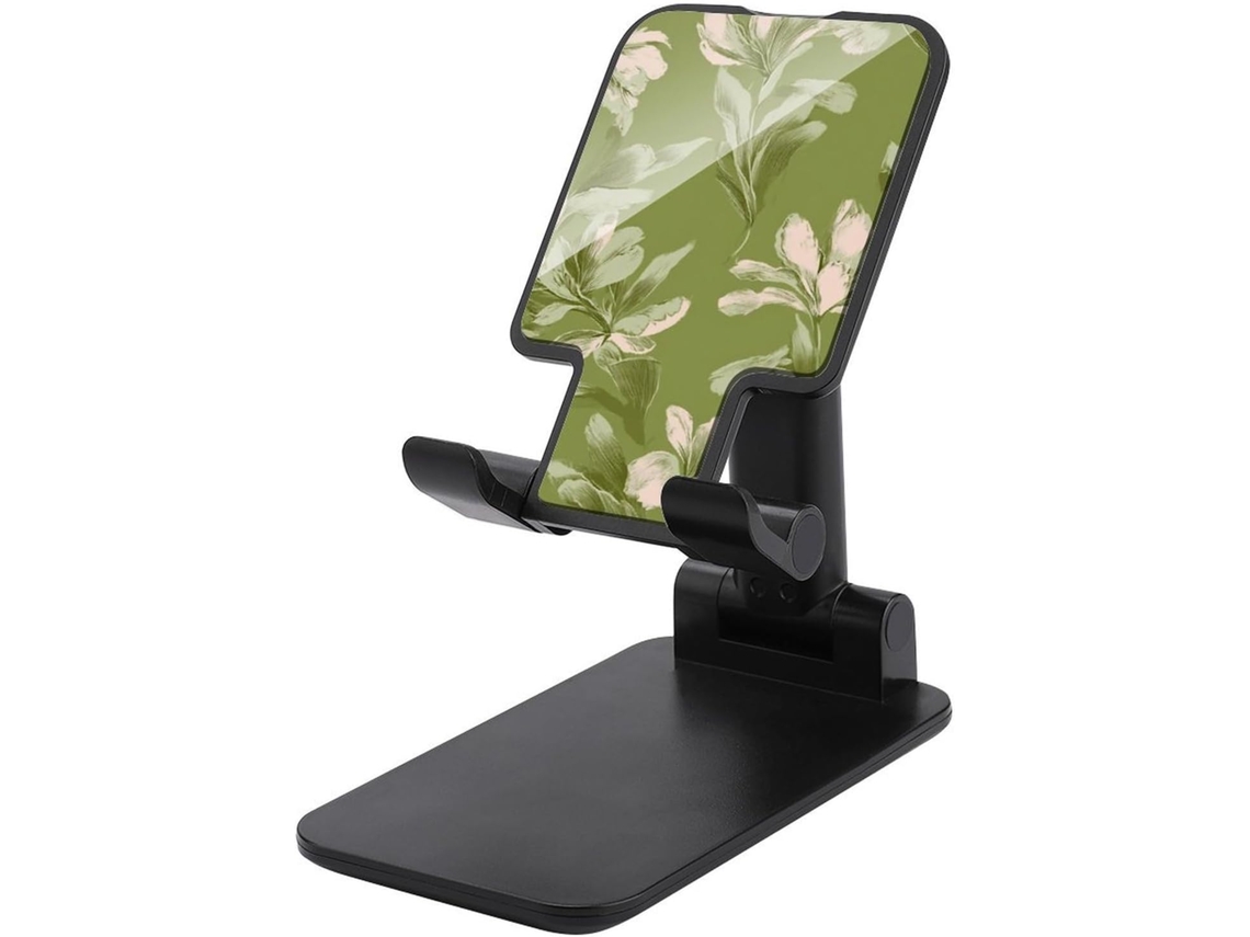Suporte Dobrável E Ajustável Para Celular, Ideal Para Mesa Estampa Floral Delicada Com Folhas Sobre Fundo Verde Oliva