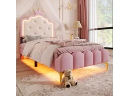 Cama De Solteiro Princess Crown 90x200cm Com Ripas E Luz Ambiente Em Rosa