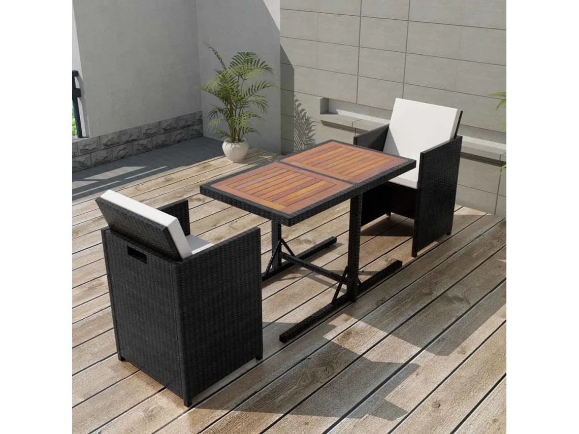 Vidaxl 3 Pcs Conjunto Bistrô Com Almofadões Vime Pe Preto