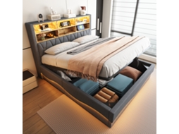 Cama Casal Cinza 180x200cm Estofada, Led, Hidráulica, Usb-c, Ripas.-op