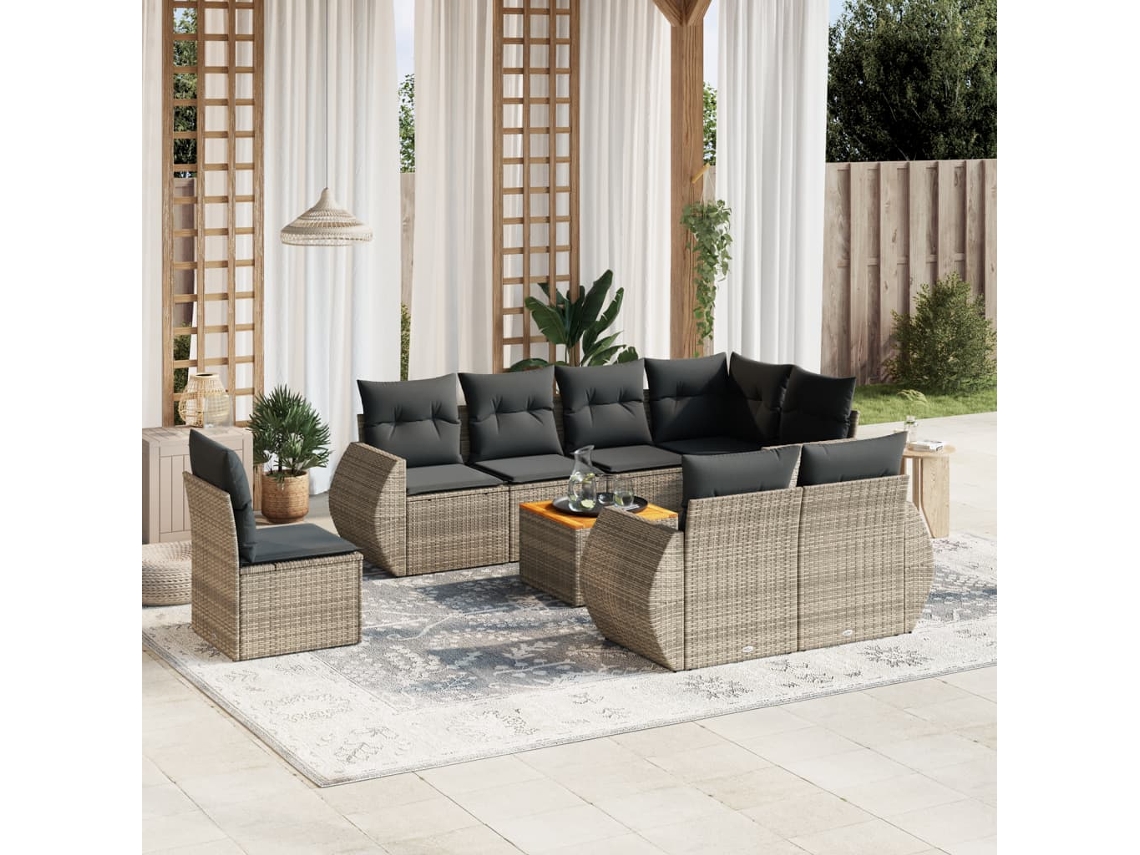 Vidaxl 9 Pcs Conjunto Sofás P/ Jardim Com Almofadões Vime Pe Cinzento