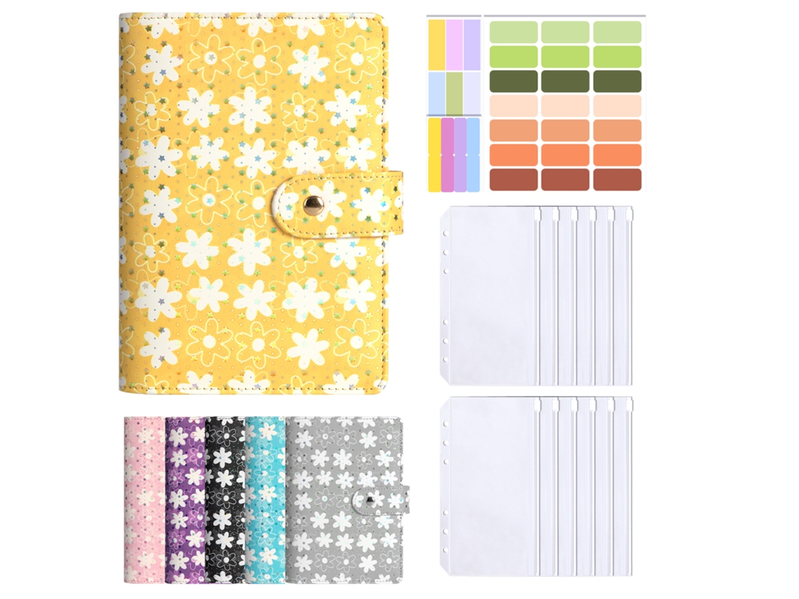 A6 Pu Leather Binder Notebook Cash Budget Planner, Starry Sky Flower Design, Yellow Cover + 12-zipper Pockets 3-color