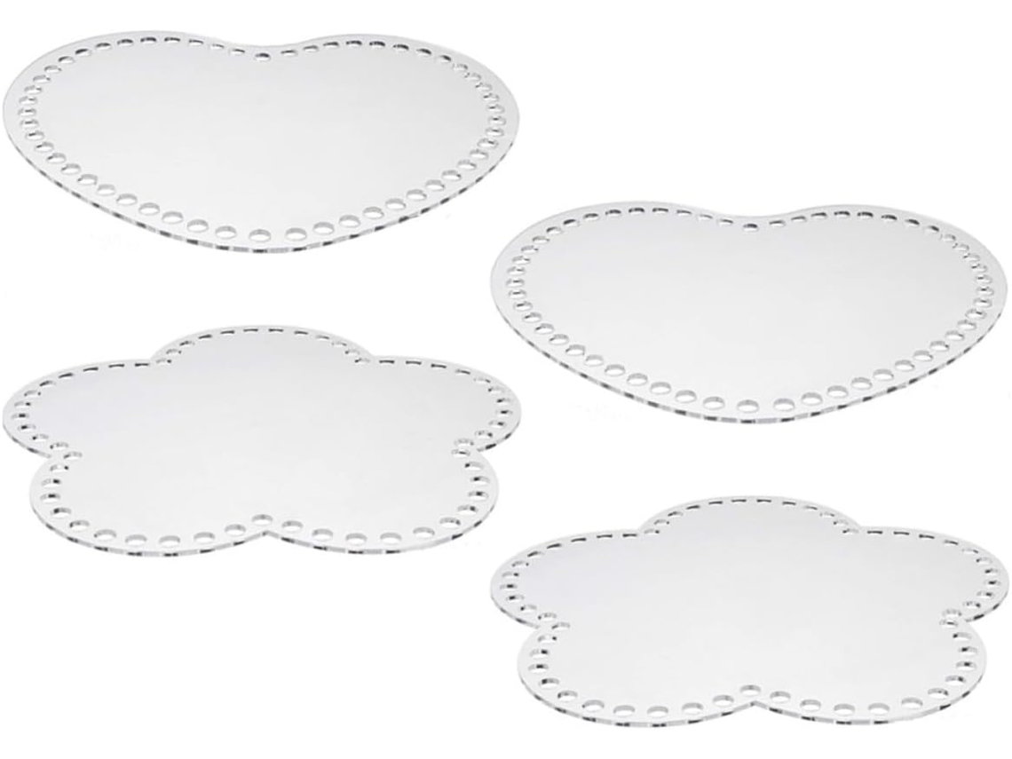 Kit Com 4 Peças: Base E Flor De Coração Em Acrílico Para Crochê