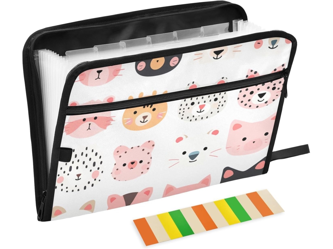 Organizador de Arquivos Expansível em Formato Cabeça Gato Desenho Animado 13 Bolsos Tamanho A4 Fecho com Zíp