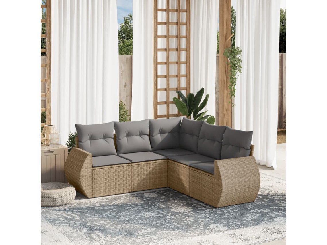 Vidaxl 5 Pcs Conjunto De Sofás P/ Jardim Com Almofadões Vime Pe Bege