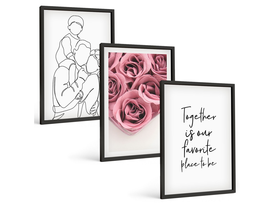 Quadros Decorativos Para Parede Família Arte Linear Buquês De Rosas Moldura Preta Fotos Para O Escritório Espelharte (3 Piezas De 40x60 Cm)