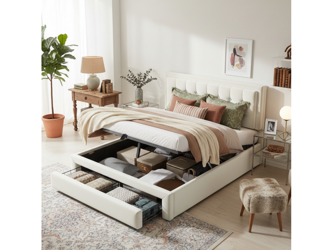 Cama Casal 140x200 Veludo Bege Arrumação Hidráulica 2 Gavetas