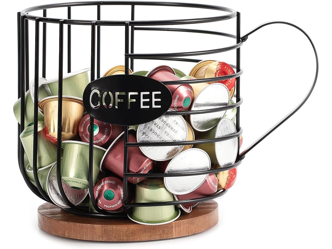 Organizador De Cápsulas Café, Suporte Para Bancada, Cesto Grande Arame Preto Com Fundo Madeira.
