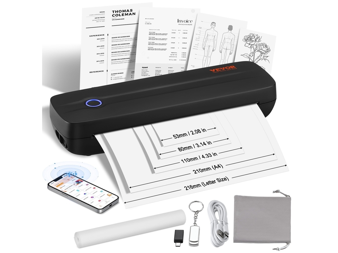 VEVOR 2600 Mah Impressora Portátil Sem Fio Sem Tinta 203Dpi 29 X 9 X 6Cm (Outlet Grade A)