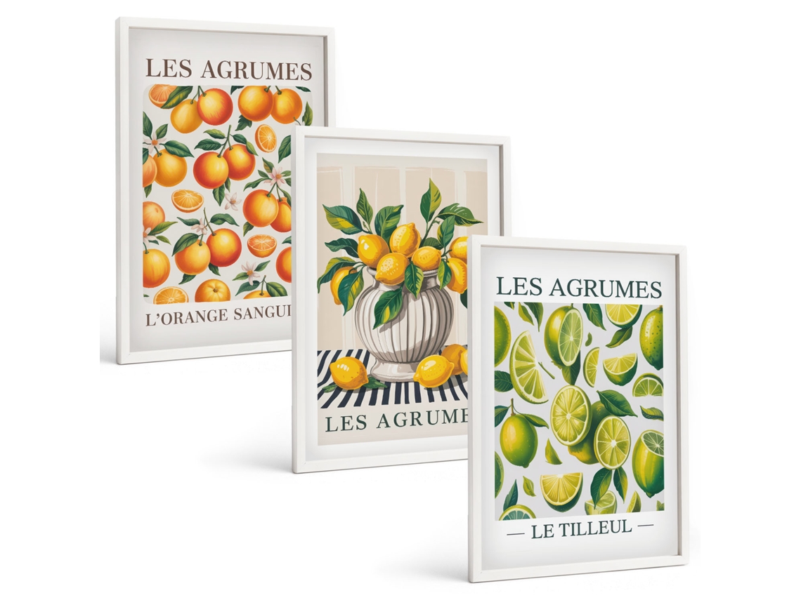 Conjunto De Pinturas Frutas Cítricas Coloridas Moldura Branca Imagens Para Um Quarto Infantil Espelharte (3 Piezas De 40x60 Cm)