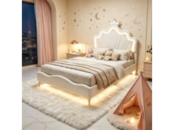 Cama Infantil Princesa 140x190cm, Cabeceira Nuvem Coroa em Couro Pu, Led RGB, Base com Ripas, Branco