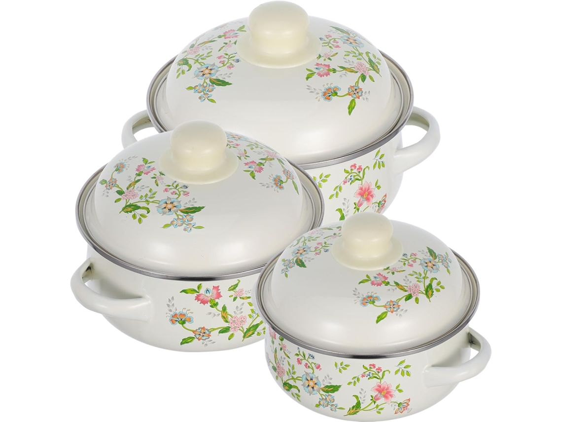 Conjunto de Mini Panelas de Sopa Esmaltadas 3 Peças com Tampas, Trio Panela Bottomo Plano (16-18-20 Cm), Retrô Vintage para Fogão EA Gás