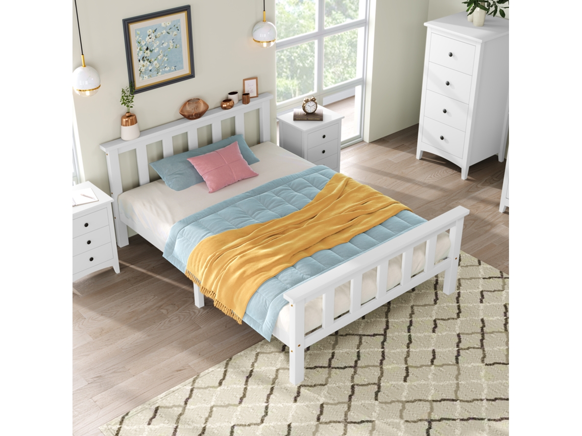 Cama Individual 90x200 Cm Pinho Maciça Branca Cabeceira Base Lamelas