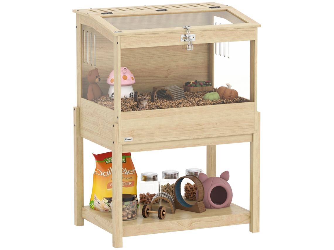 Gaiola de Hamster de 2 Andares Gaiola para Roedores Gaiola de Pequenos Animais com Tampa Articulada, Tamanho Grande 83,2 X 50 X 103 Cm Madeira Natural