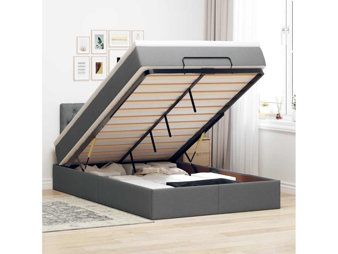 Cama Otomana Com Colchão 120x190 Cm Tecido Cinzento Escuro