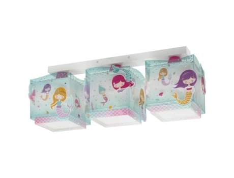 Plafon com 3 luzes - DALBER - Sereias - Motivo sereia - C 50 cm - A 19,5 cm - Verde e rosa