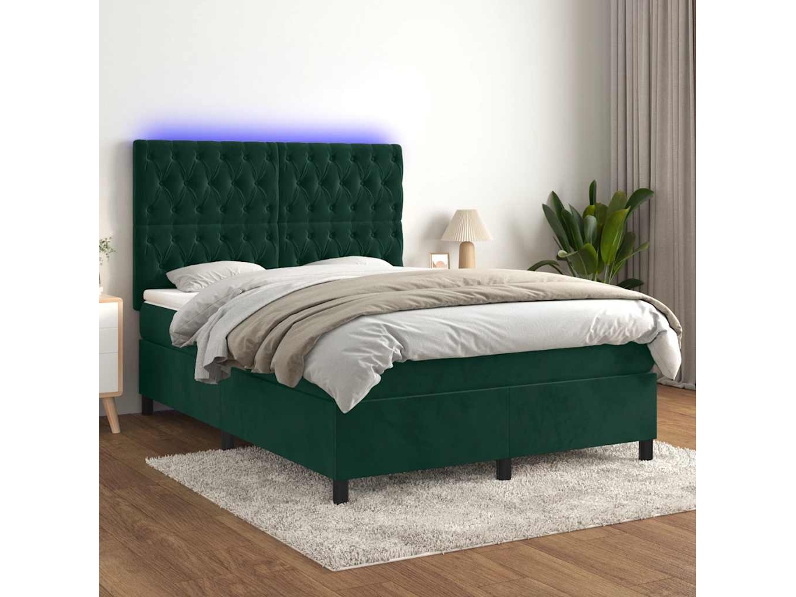 Vidaxl Cama Box Spring C/ Colchão/led 140x200 Cm Veludo Verde-escuro
