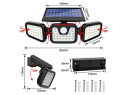 Rebe-lâmpada Solar De Parede 3 Cabeças Rotáveis Com Sensor De Movimento Impermeável Para Exterior Jardim 74l-ed 100cob