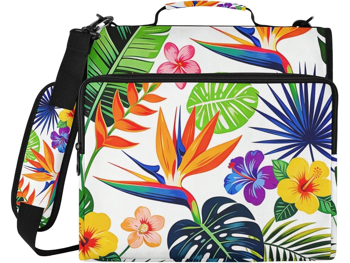 Pasta de 3 Argolas Summer Tropical Iris com Zíper, Alça Ombro e Mão Bolsa Organizadora Vários Bolsos para Ma