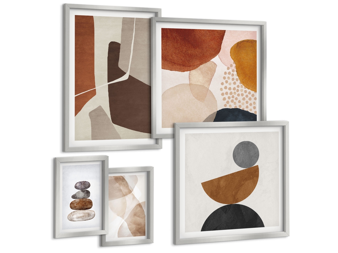 Composição De Quadros Padrões Abstratos Em Bege E Cinza Moldura Prateada Quadros Para O Escritório Espelharte (conjunto De 5 Imagens)