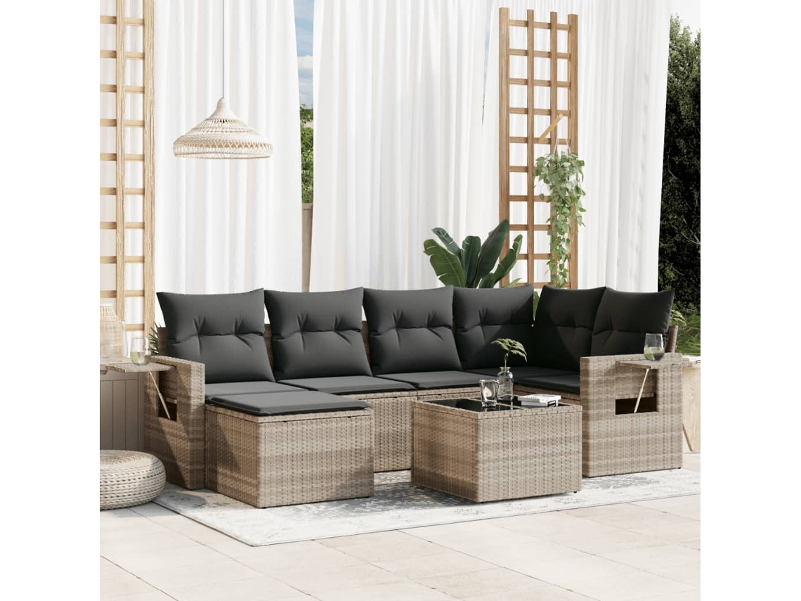 Vidaxl 7 Pcs Conj. Sofás Jardim Com Almofadões Vime Pe Cinzento-claro
