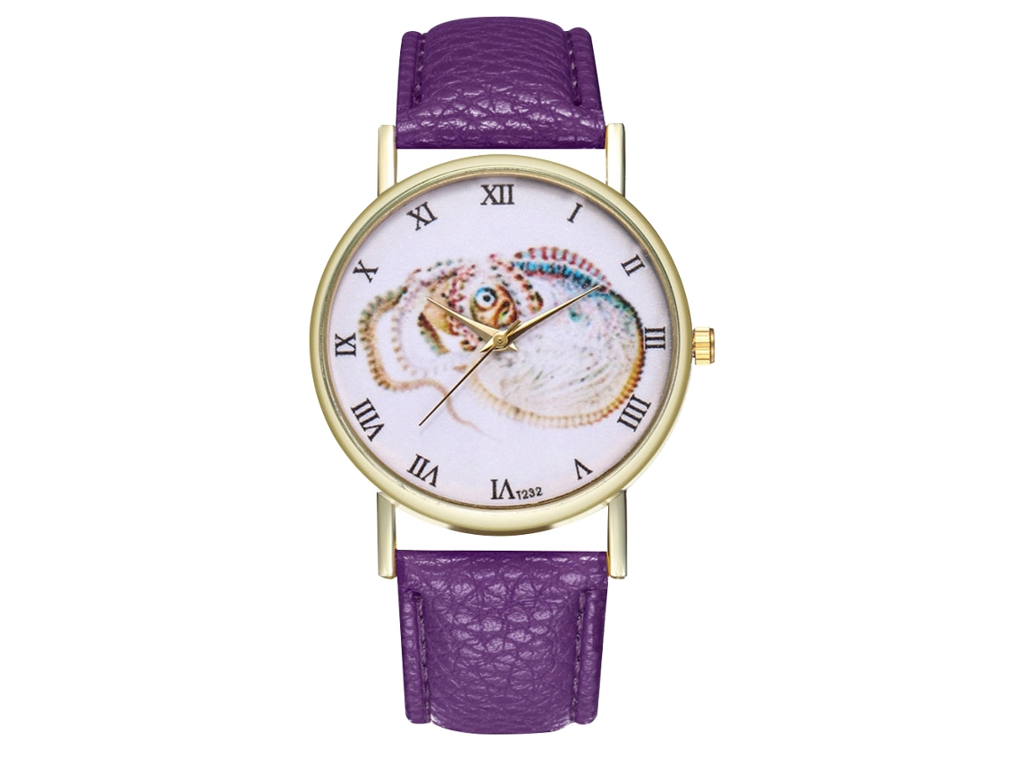 Relógio de pulso vintage de quartzo para mulheres e homens com pulseira de couro PU, estampa animal roxa.