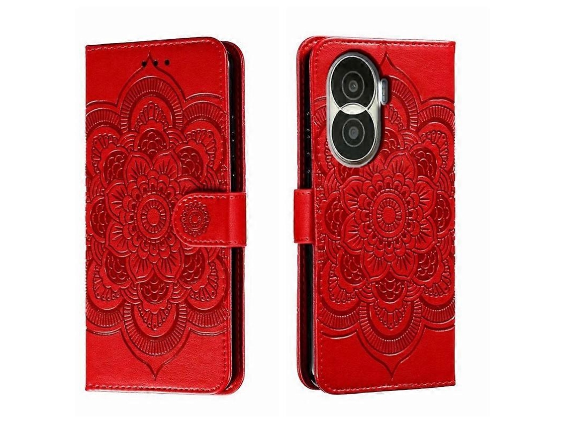Capa De Couro Para Celular For Honor X40i Com Estampa De Mandala Solar Em Relevo