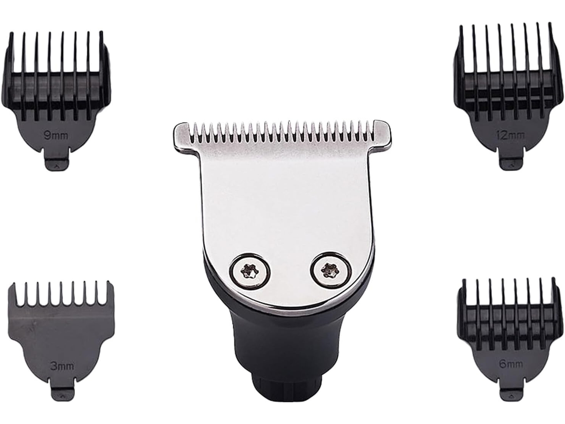 Cabeça De Aparador De Barba Em Metal Prateado Com Pentes, Corpo E Peças Removíveis.